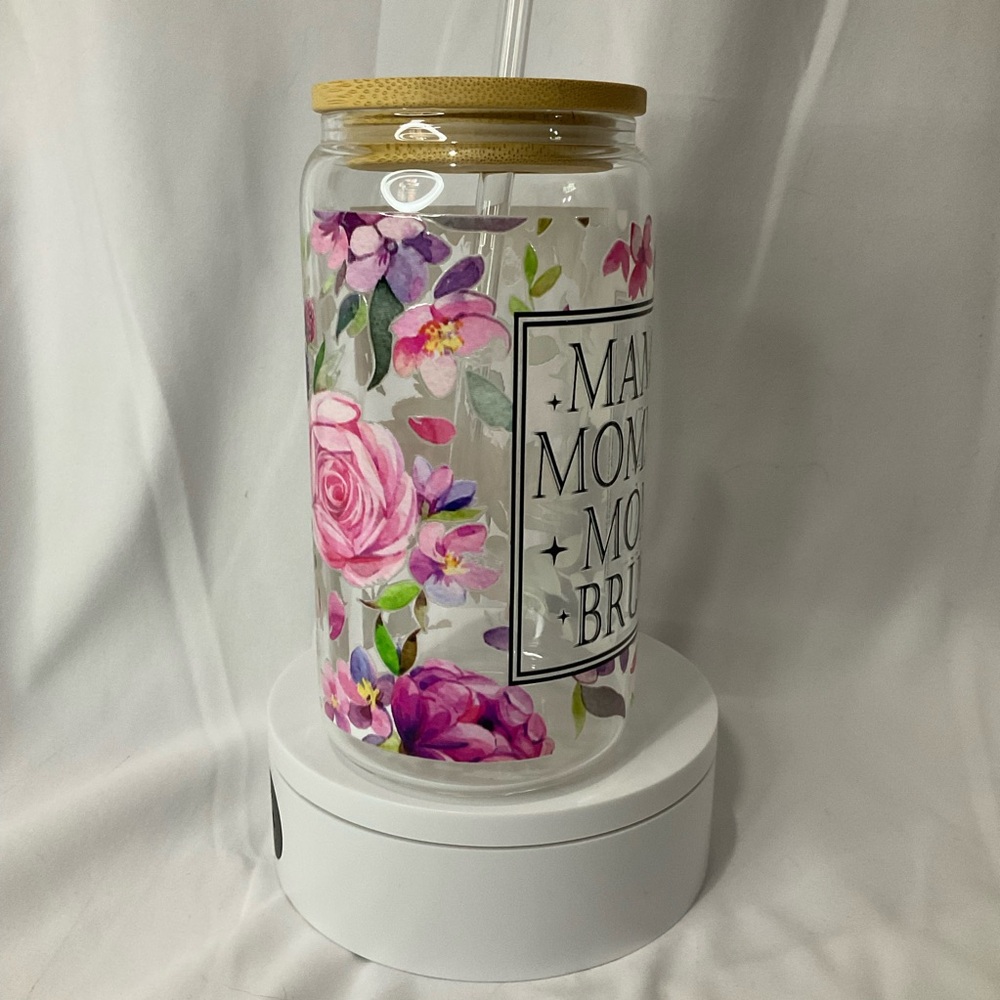 16 Ounce Handmade Clear Glass Can Cup, W/Lid & Straw, Mama Floral - Picture 11 of 13